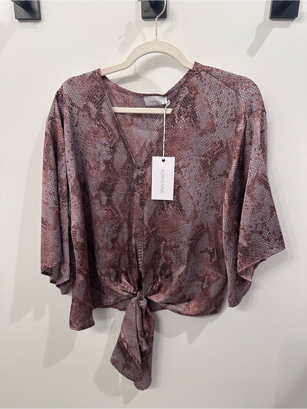 Adrienne Dusty Rose snake print silky Patterned Tie-Front Blouse